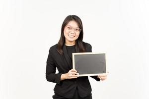 Showing, Presenting and holding Blank Blackboard Of Beautiful Asian Woman Wearing Black Blazer photo