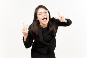 Happy and Showing Peace Sign Of Beautiful Asian Woman Wearing Black Blazer Isolated On White photo