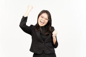 Yes and Celebration Gesture Of Beautiful Asian Woman Wearing Black Blazer Isolated On White photo