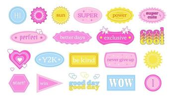 Y2K retro labels with short phrases and motivations, sticker pack, vector collection of tags and stickers in retro style.