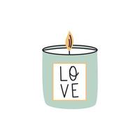 Candle in glass jar. Candle with the lettering Love. Concept of Self-love. Element for print, postcard and poster. Vector illustration