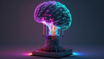 illustration collage with brain lamp bulb with neon lights. Idea and creativity concept photo