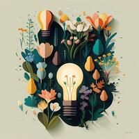 illustration of light bulb with flowers, flat colors photo