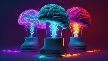 illustration collage with brain lamp bulb with neon lights. Idea and creativity concept photo