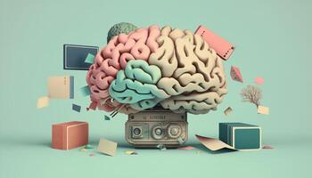 vintage 3d brain learning with books on blue background. illustration photo