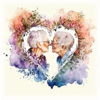 watercolor illustration of two gay grandmothers kissing, a mature couple in love photo