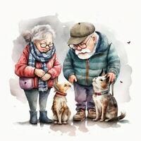 watercolor illustration of adorable aged man and woman embracing cute dog against purple flowers photo