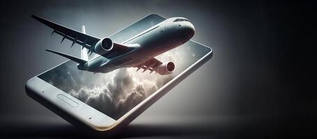 Airplane coming out from smart phone screen. illustration photo