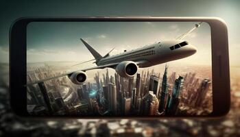 avión viniendo fuera desde inteligente teléfono pantalla. ai generativo ilustración foto