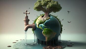 Faucet with flowing water on globe with growing tree. photo