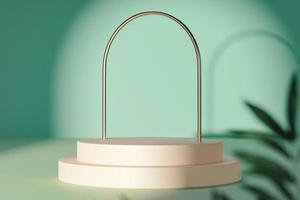 Arched pedestal for product on green backdrop. 3d render photo