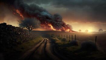 illustration of burning countryside terrain against cloudy sunset sky photo