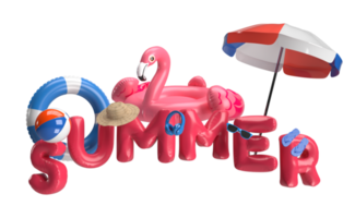 Summer Vacation Concept with Flamingo inflatable, sunglass, swim rings,beach ball, umbrella and summer accessories elements. 3d rendering png