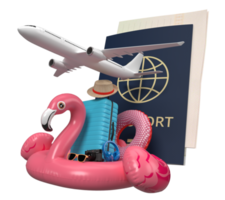 Summer and travel Concept. Flight airplane travel tourism plane trip planning world tour with Flamingo inflatable and Different Accessories elements of summer for Vacation. 3d rendering png