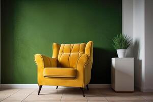 generativo ai ilustración de un amarillo Sillón en contra un verde pared foto