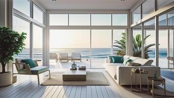generativo ai ilustración de un moderno vivo habitación con ver a el playa foto