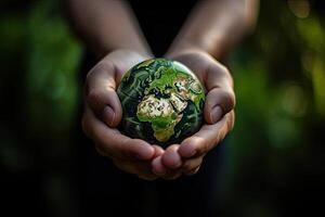 illustration of green healthy planet earth in child hands photo