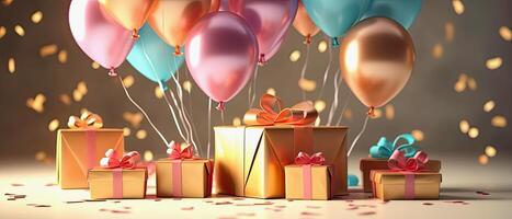 illustration of golden wrapped presents and shiny balloons photo