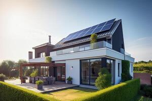 generativo ai ilustración de un familia hogar con fotovoltaica en el techo foto