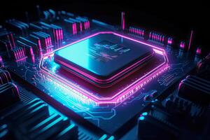 illustration of a computer chip in purple and blue neon colors photo