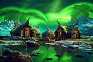 generativo ai ilustración de vikingo casas en un paisaje con del Norte luces foto