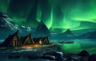 generativo ai ilustración de vikingo casas en un paisaje con del Norte luces foto