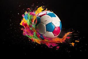 generativo ai ilustración de un balón de fútbol explotando en colores foto