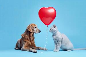 generativo ai ilustración de un perro y un gato en azul antecedentes con un corazón conformado globo foto