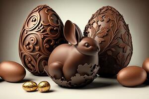 generativo ai ilustración de un chocolate Pascua de Resurrección conejito y huevos foto