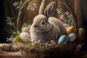 illustration of an easter bunny in a basket with colorful eggs photo