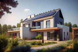 illustration of a familiy home with photovoltaic on the roof photo