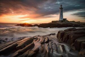 generativo ai ilustración de un faro en un del Norte paisaje a un playa foto