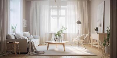 generativo ai ilustración de un vivo habitación amueblado en un escandinavo estilo foto