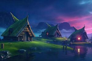 generativo ai ilustración de vikingo casas en un fantasía paisaje foto