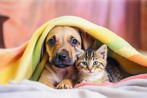 illustration of a dog and cat under a colorful blanket photo