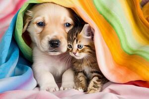 illustration of a dog and cat under a colorful blanket photo