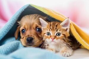 illustration of a dog and cat under a colorful blanket photo