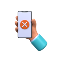 Hand is holding a smartphone with a cancel, wrong or wrong button. 3d Reject or Cancel Icon. png