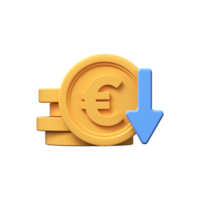 Cost reduction icon. Euro coins with down arrow. 3d render png