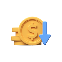 Cost reduction icon. Dollar coins with down arrow. 3d render png