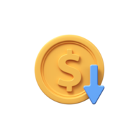 Golden dollar coin with down arrow. Economy, finance, money, investment symbol. 3d currency decline icon. png