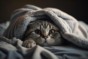 Kitten under a blanket. The cat is resting warm under the plaid. . photo