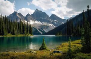 hermosa verde bosque con un lago y nieve tapado montañas en el antecedentes. generativo ai. foto