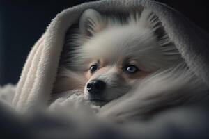 un joven perro de Pomerania perro debajo un frazada. el mascota es tomando el sol debajo el tartán. el concepto de cuidando para mascotas. generativo ai. foto