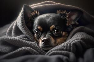 A young Chihuahua dog under a blanket. The pet is basking under the plaid. The concept of caring for pets. . photo