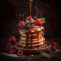 Stack of pancakes topped with honey caramel syrup with berries. photo