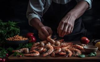 mariscos, profesional cocinar limpiar y prepara camarones Cocinando Mariscos en un oscuro antecedentes. generativo ai. foto