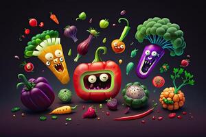 Funny cute vegetables in cartoon style. Vegetable mix. . photo