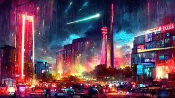 Cyberpunk city street. Sci-fi wallpaper. Futuristic city scene in a style of pixel art. Urban scene. . photo