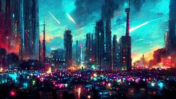 Cyberpunk city street. Sci-fi wallpaper. Futuristic city scene in a style of pixel art. Urban scene. . photo